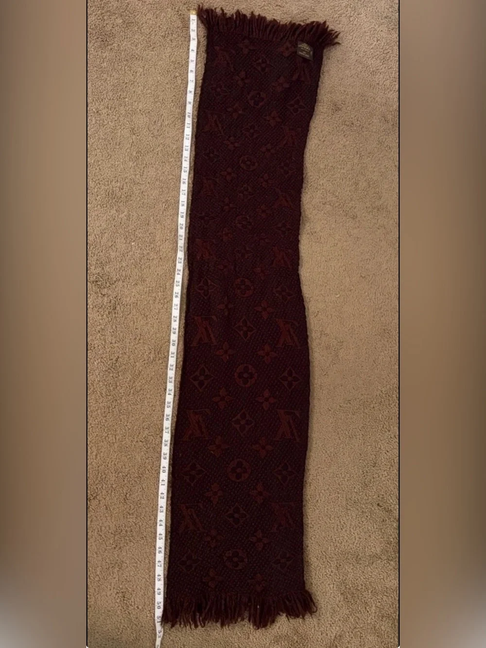 Authentic Louis Vuitton Brown Monogram Knit Fringe Scarf 51x11 MPN 413287 wool